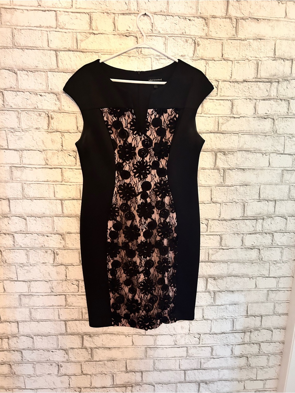 connected apparel Black Dress with Blush Lace Center Panel
